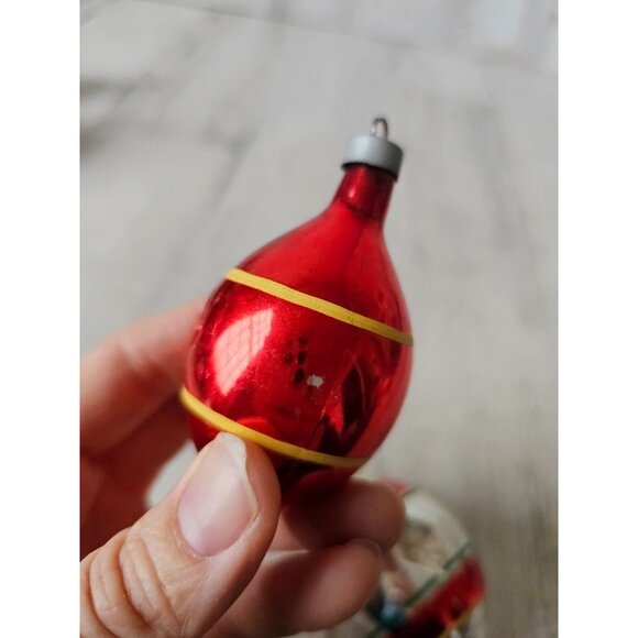 Antique diamond indent teardrop red striped green mercury glass ornament Xmas se - Picture 4 of 14